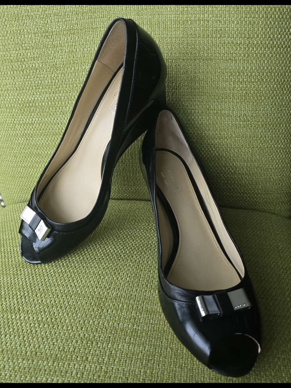 Coach Black Patent Leather Peep-Toe Wedge Pumps with Bow Accent - Picture 11 of 13